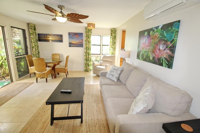 tiled living room featuring a wall mounted AC and ceiling fan