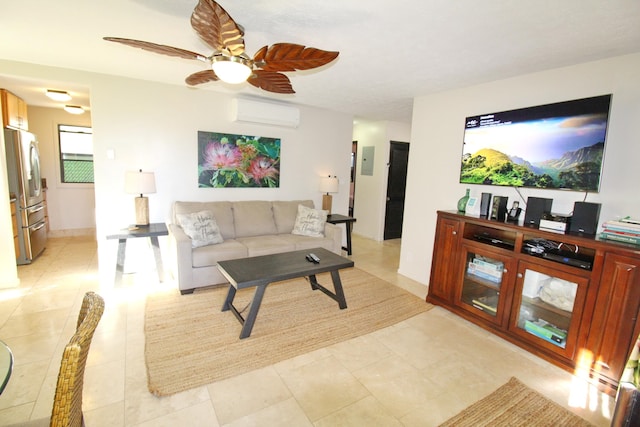 tiled living room with ceiling fan and an AC wall unit