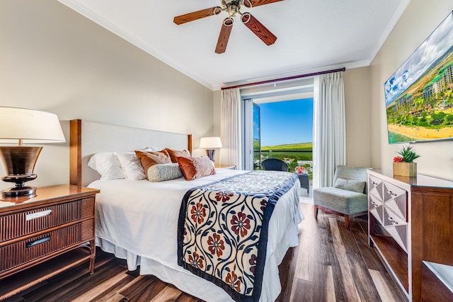 bedroom with dark hardwood / wood-style floors, ornamental molding, and ceiling fan