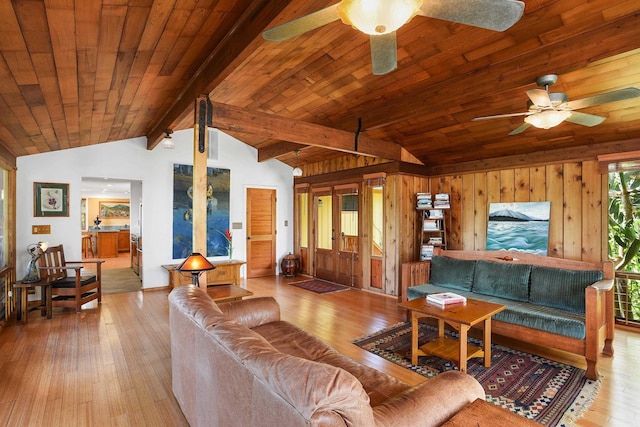 679 Kaapuni Pl, Kihei, HI 96753 - living room with a ceiling fan, light wood-style floors, wood ceiling, and wood walls
