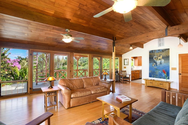 679 Kaapuni Pl, Kihei, HI 96753 - living room with a ceiling fan, wood ceiling, and light wood finished floors