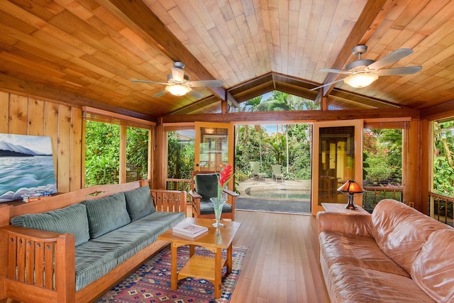 679 Kaapuni Pl, Kihei, HI 96753 - living room featuring a ceiling fan, wood ceiling, vaulted ceiling, and hardwood / wood-style flooring