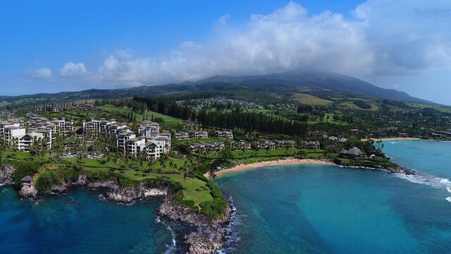 birds eye view of property featuring a water and mountain view