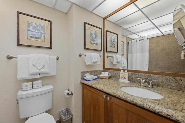 bathroom featuring vanity, curtained shower, and toilet