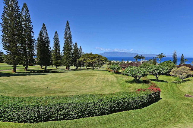 surrounding community with a mountain view and a lawn