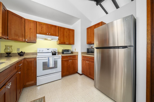 kitchen with lofted ceiling with beams and stainless steel appliances