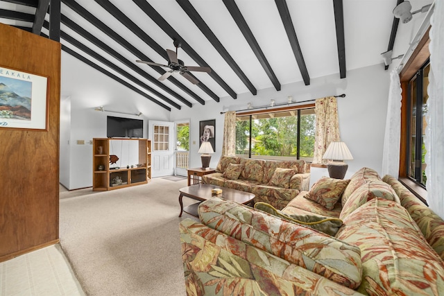 carpeted living room featuring beamed ceiling, ceiling fan, and high vaulted ceiling