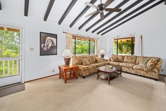 carpeted living room with ceiling fan, high vaulted ceiling, and beamed ceiling