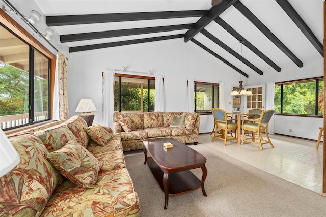 living room featuring beam ceiling, carpet floors, and high vaulted ceiling