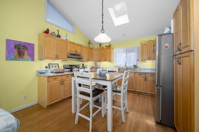 kitchen with a kitchen island, appliances with stainless steel finishes, pendant lighting, a skylight, and light wood-type flooring