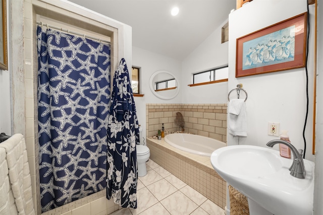 bathroom featuring tile patterned floors, lofted ceiling, toilet, sink, and a shower with shower curtain