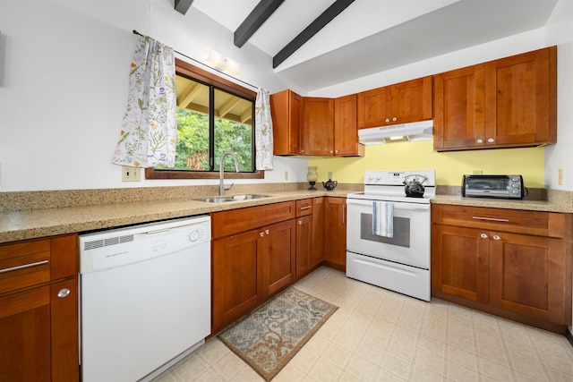 kitchen with lofted ceiling with beams, white appliances, sink, and light stone counters