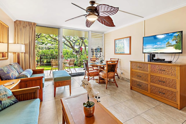 living room featuring ceiling fan, crown molding, light tile patterned floors, and a wall of windows