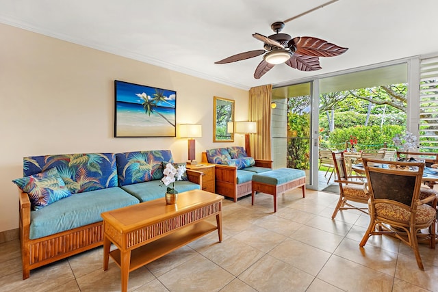 living room featuring light tile patterned floors, floor to ceiling windows, crown molding, and ceiling fan