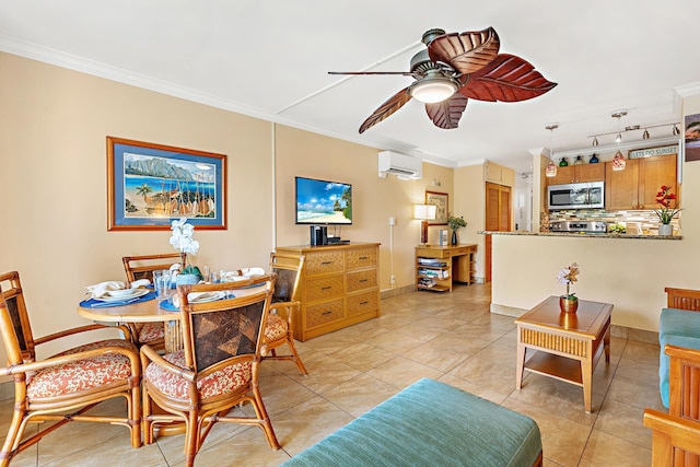 tiled dining room featuring ceiling fan, ornamental molding, and a wall mounted AC