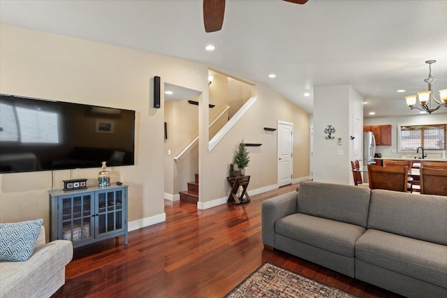 19 Heona Pl, Kihei, HI 96753 - living area featuring ceiling fan, wood finished floors, stairs, a chandelier, and recessed lighting
