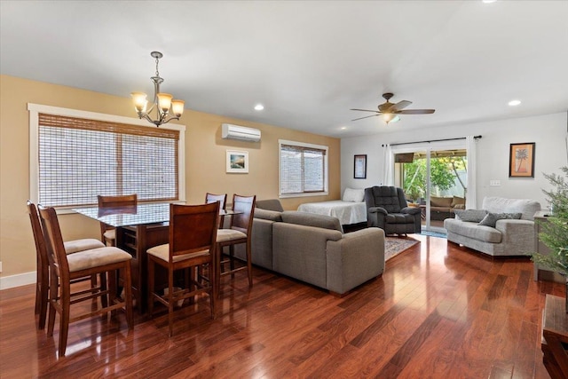19 Heona Pl, Kihei, HI 96753 - dining room with a wall unit AC, a chandelier, dark wood-type flooring, ceiling fan, and recessed lighting