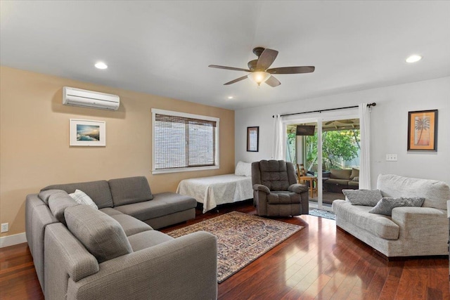 19 Heona Pl, Kihei, HI 96753 - living room with a wall mounted air conditioner, dark wood-style floors, ceiling fan, and recessed lighting