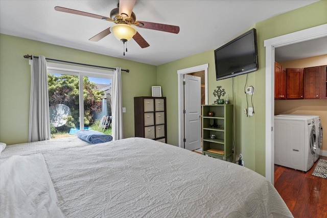 19 Heona Pl, Kihei, HI 96753 - bedroom featuring washer and clothes dryer, access to exterior, dark wood finished floors, and ceiling fan