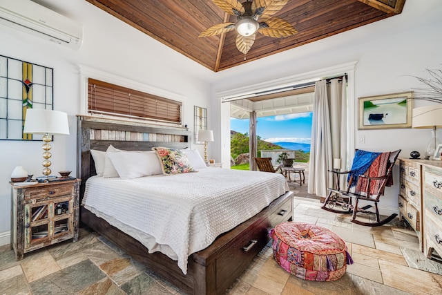 bedroom with ceiling fan, a wall mounted AC, wood ceiling, and access to exterior