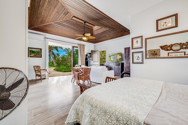 bedroom featuring ceiling fan, wood ceiling, light hardwood / wood-style flooring, a wall mounted air conditioner, and access to outside