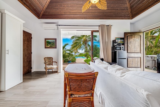 bedroom featuring stainless steel refrigerator, ceiling fan, wood ceiling, and a wall unit AC