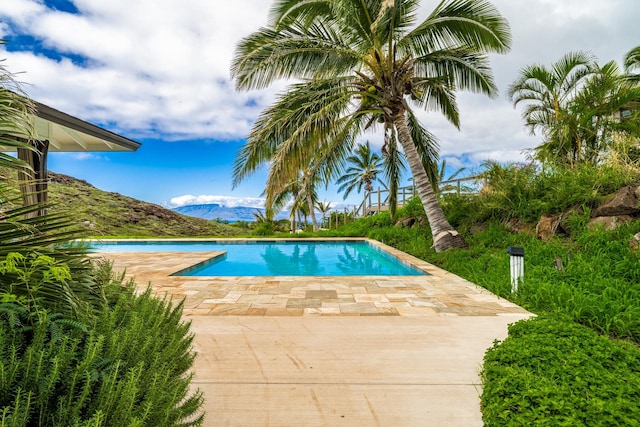 view of swimming pool with a mountain view and a patio