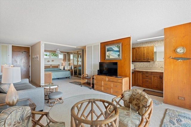 living room with sink and a textured ceiling