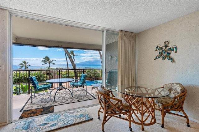 carpeted dining space with a water view and a textured ceiling