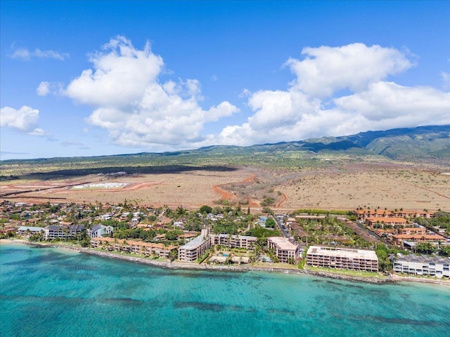 bird's eye view featuring a water and mountain view