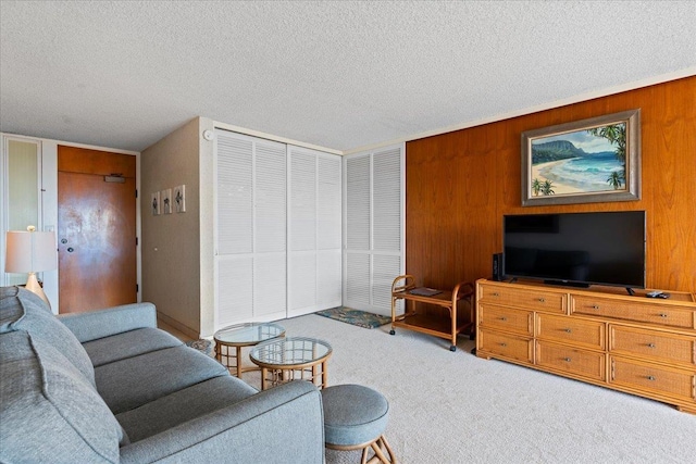 living room with a textured ceiling, carpet flooring, and wooden walls