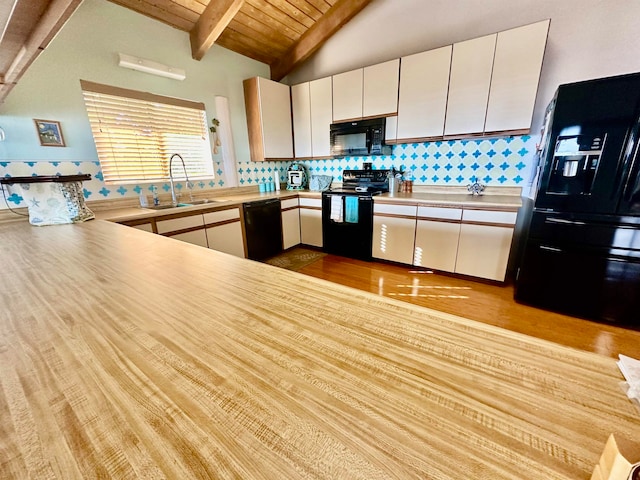 kitchen with sink, white cabinetry, black appliances, wooden ceiling, and backsplash