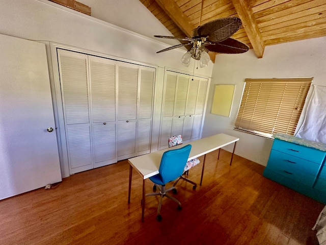 unfurnished office with dark wood-type flooring, ceiling fan, lofted ceiling with beams, and wooden ceiling