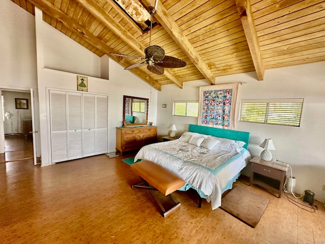 bedroom with ceiling fan, beam ceiling, high vaulted ceiling, and wooden ceiling