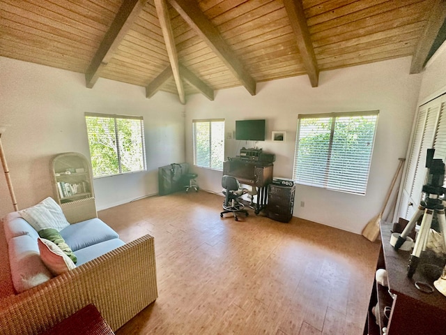 office area featuring wood-type flooring, wooden ceiling, and lofted ceiling with beams