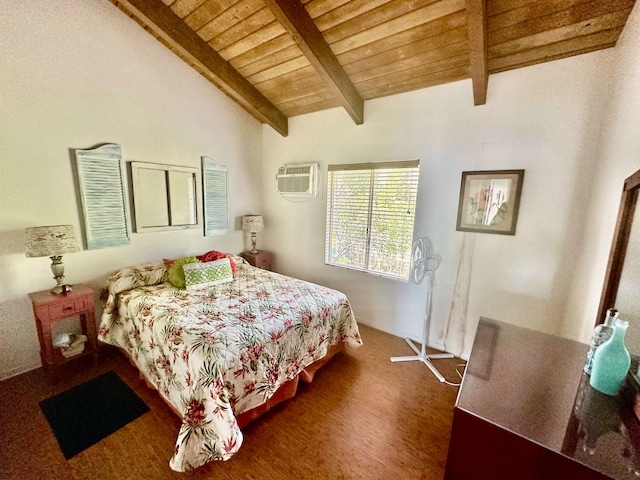 bedroom with dark hardwood / wood-style flooring, vaulted ceiling with beams, wood ceiling, and a wall unit AC