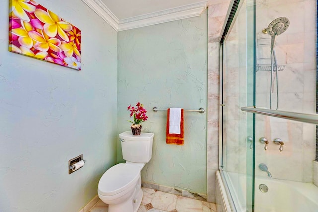 bathroom with shower / bath combination with glass door, crown molding, and toilet