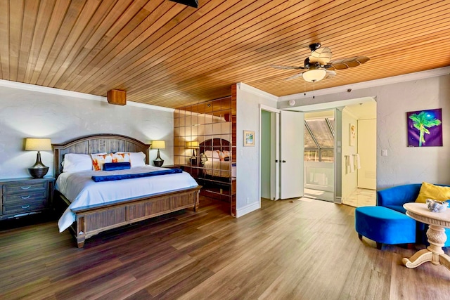 bedroom with wood-type flooring, ceiling fan, crown molding, and wood ceiling