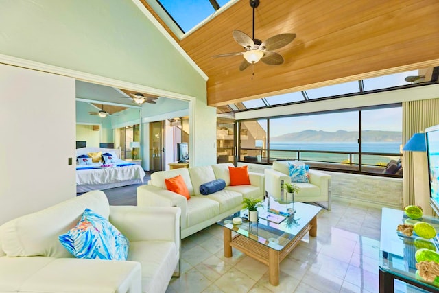 sunroom with vaulted ceiling with skylight and wooden ceiling