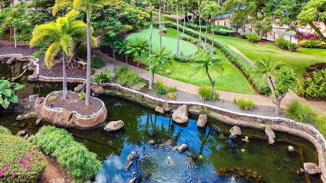 view of property's community featuring a small pond