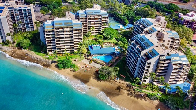 bird's eye view with a view of the beach and a water view