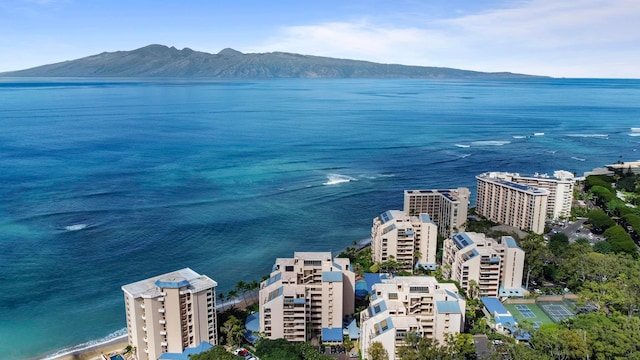 bird's eye view with a water and mountain view