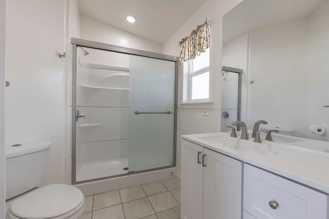 534 Kaikoo Pl, Wailuku, HI 96793 - full bathroom featuring toilet, vanity, a shower stall, tile patterned floors, and vaulted ceiling