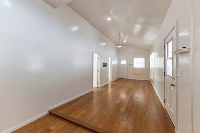 534 Kaikoo Pl, Wailuku, HI 96793 - foyer entrance featuring hardwood / wood-style floors, ceiling fan, baseboards, and high vaulted ceiling