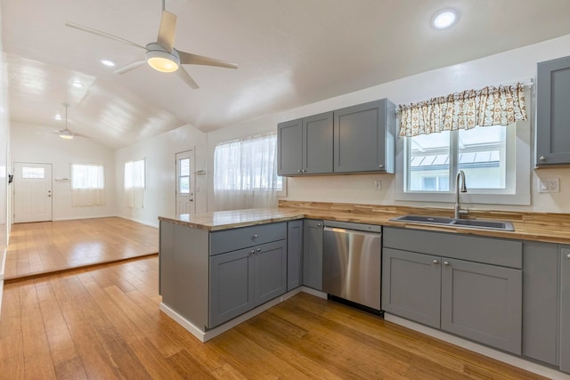 534 Kaikoo Pl, Wailuku, HI 96793 - kitchen featuring dishwasher, gray cabinets, a sink, lofted ceiling, and recessed lighting