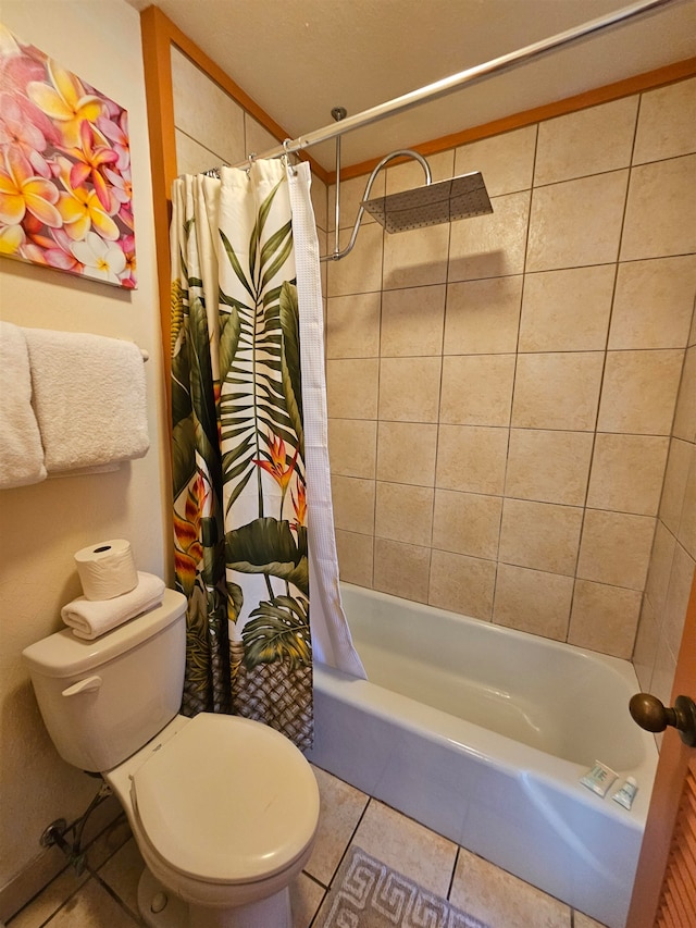 bathroom with shower / bath combo with shower curtain, toilet, and tile patterned flooring