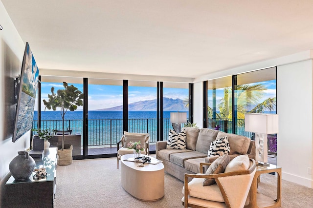 living room with a water and mountain view and plenty of natural light