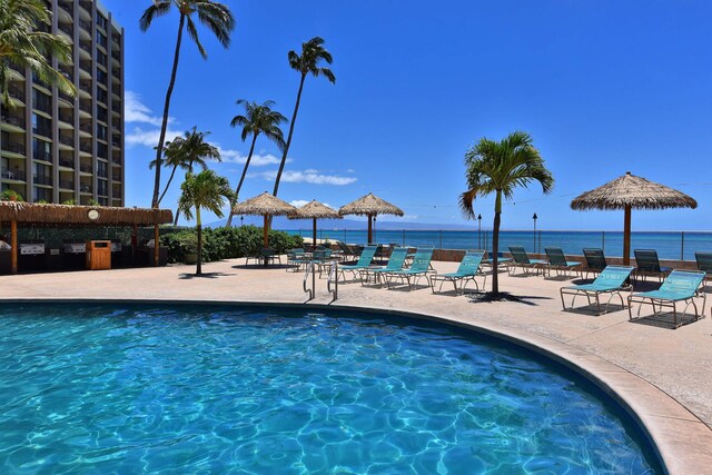 view of pool featuring a water view, a gazebo, and a patio area