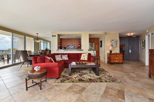 living room with expansive windows