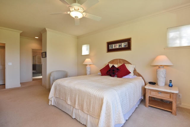 bedroom featuring light carpet, ceiling fan, crown molding, and baseboards